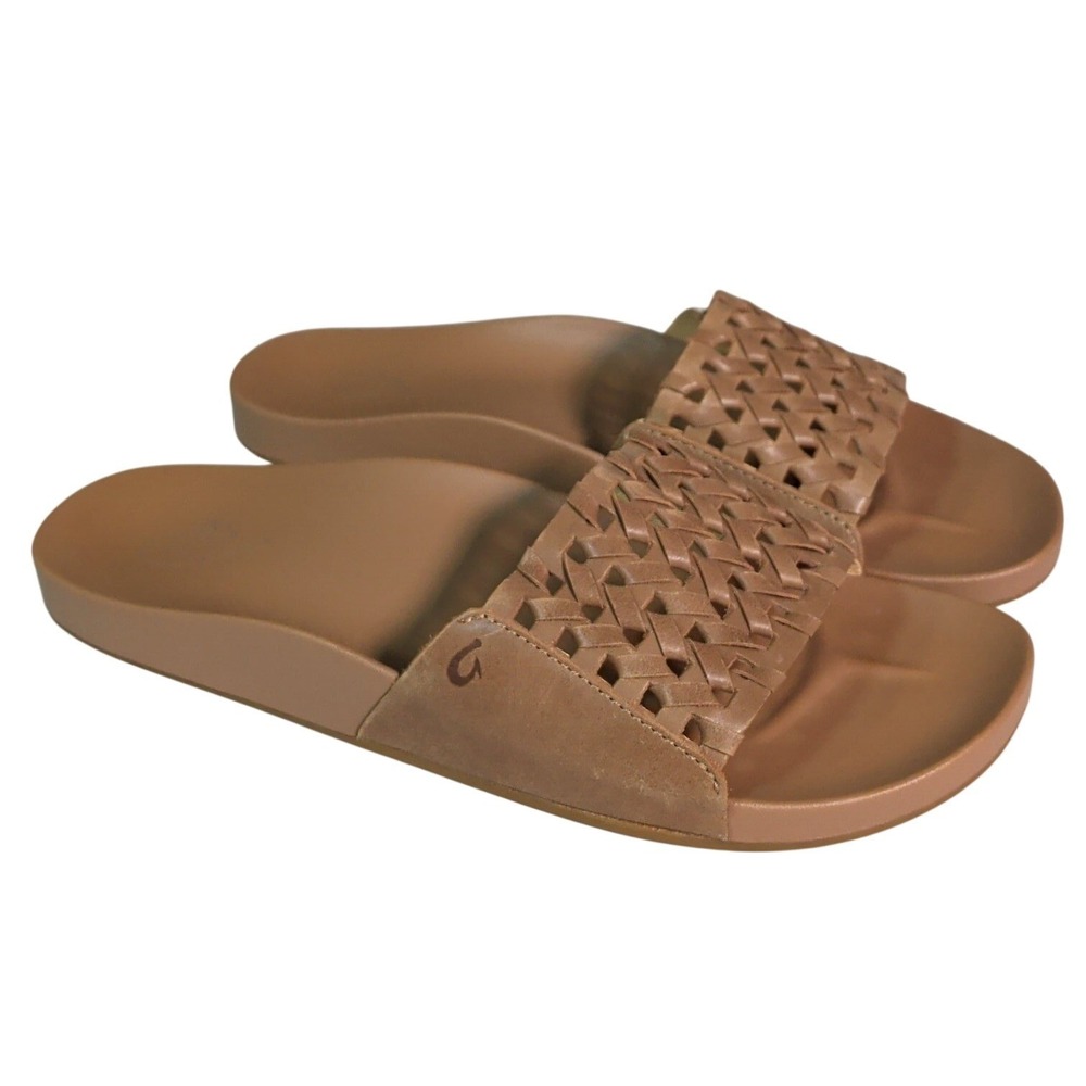 Olukai Kamola Slide Sandals Womens Size 10 Brown Leather Hawaiian Bohemian Boho